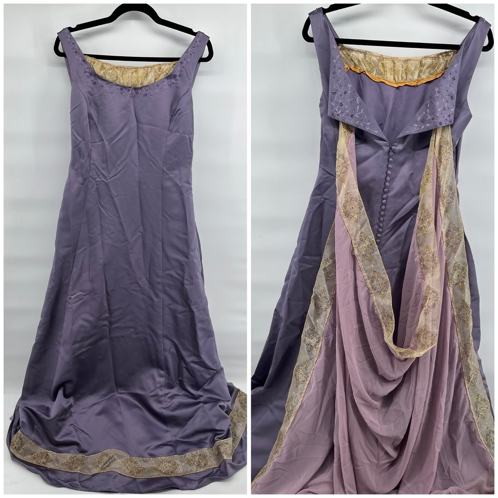 Handmade Renaissance Faire Dress Purple Satin Gold Brocade Removable Train Small